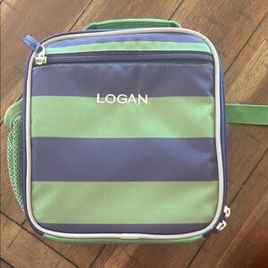 Pottery Barn Kids Blue and Green Stripe “Logan” Embroidered front Lunch Bag